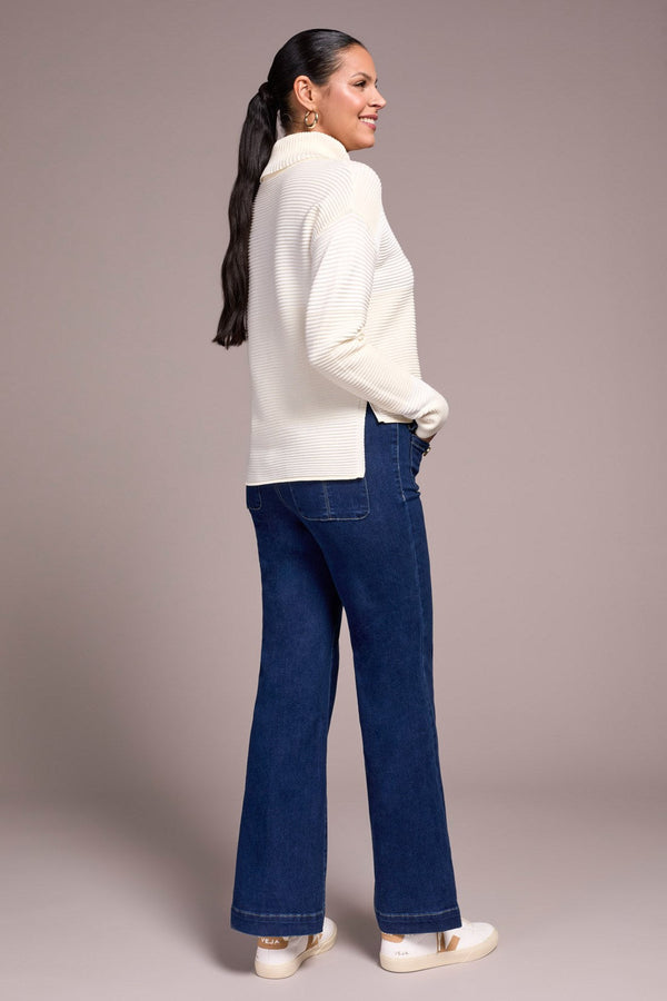 Two-Tone Turtleneck Hi-Low Sweater With Slits
