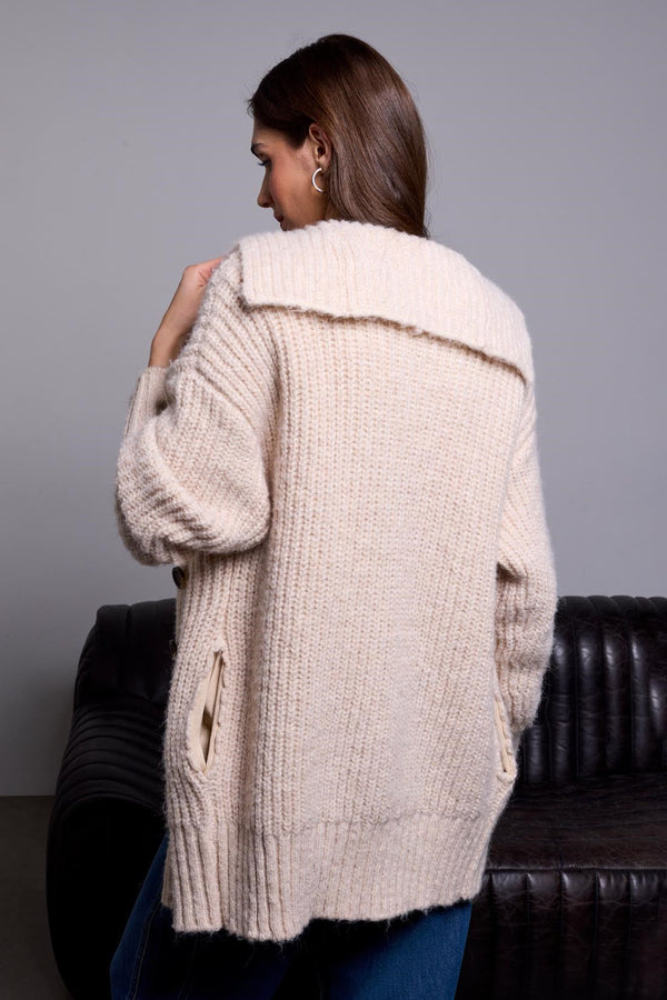 Long Oversized Ribbed Knit Cardigan - Heather Cream