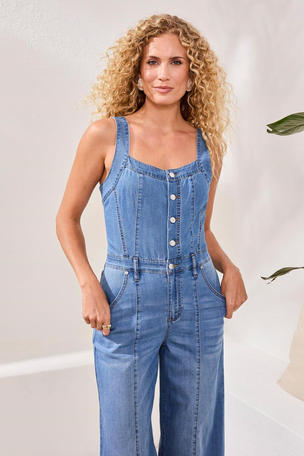 Blue Thread Tencel Wide Leg Jumpsuit With Shirred Elastic Back