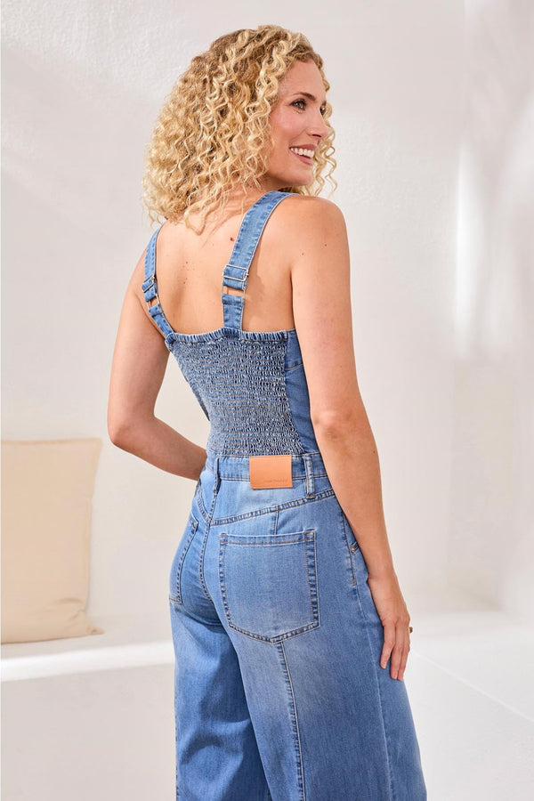 Blue Thread Tencel Wide Leg Jumpsuit With Shirred Elastic Back