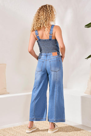 Blue Thread Tencel Wide Leg Jumpsuit With Shirred Elastic Back