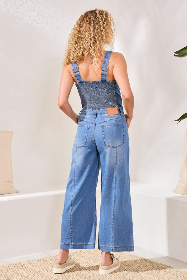 Blue Thread Tencel Wide Leg Jumpsuit With Shirred Elastic Back
