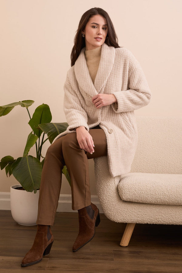Fuzzy Houndstooth Button-Front Shawl Knit Coat