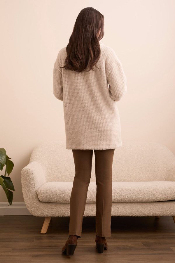 Fuzzy Houndstooth Button-Front Shawl Knit Coat