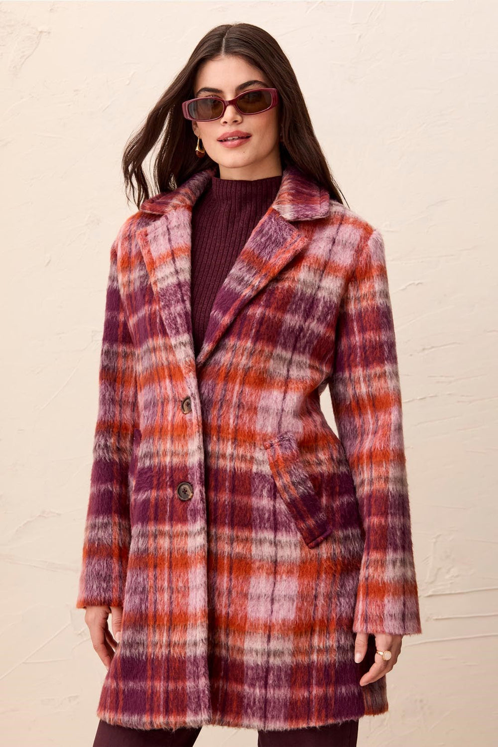 Fuzzy Textured Single Breasted Plaid Coat