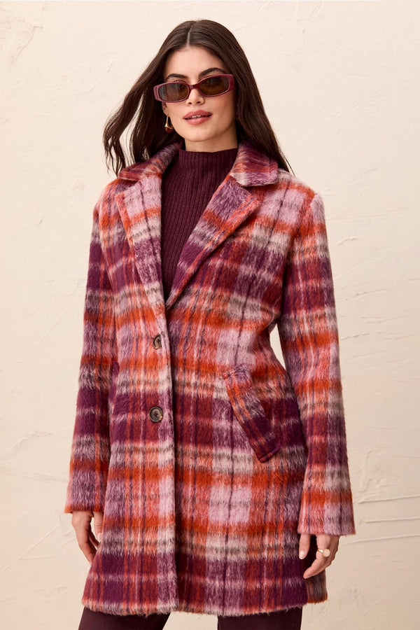 Fuzzy Textured Single Breasted Plaid Coat
