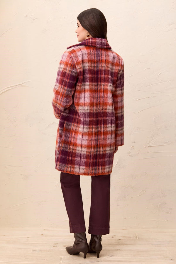Fuzzy Textured Single Breasted Plaid Coat