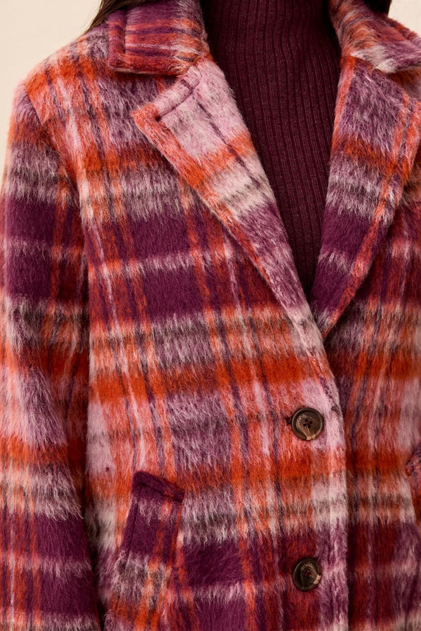 Fuzzy Textured Single Breasted Plaid Coat