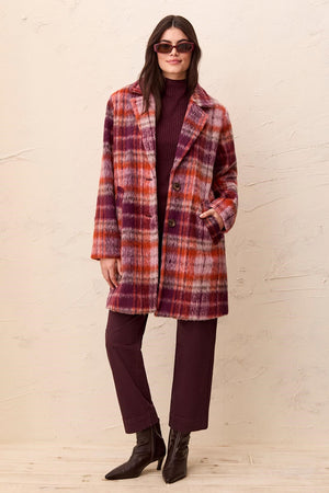 Fuzzy Textured Single Breasted Plaid Coat