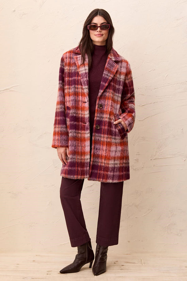 Fuzzy Textured Single Breasted Plaid Coat