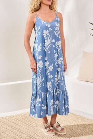 Drape Denim Flowy Maxi Dress With Ruffle Hem