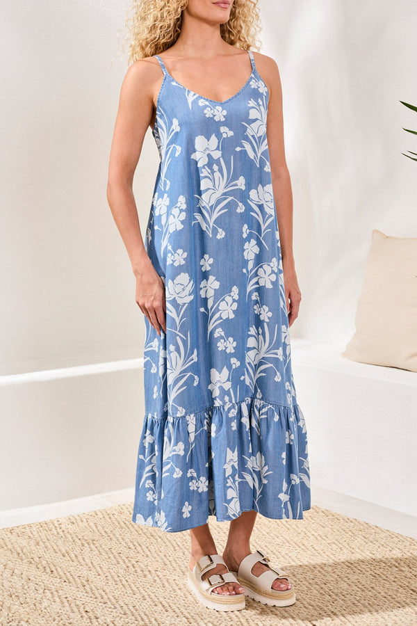 Drape Denim Flowy Maxi Dress With Ruffle Hem