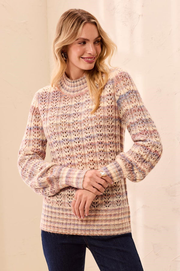 Pointelle Stripe Mock Neck Balloon Sleeve Sweater