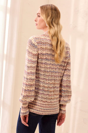 Pointelle Stripe Mock Neck Balloon Sleeve Sweater