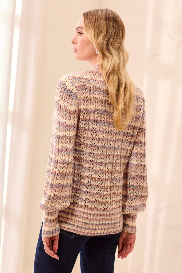 Pointelle Stripe Mock Neck Balloon Sleeve Sweater