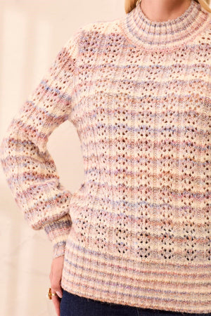 Pointelle Stripe Mock Neck Balloon Sleeve Sweater