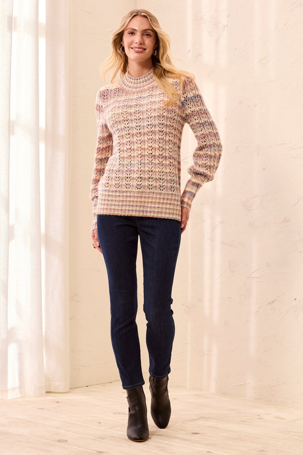 Pointelle Stripe Mock Neck Balloon Sleeve Sweater