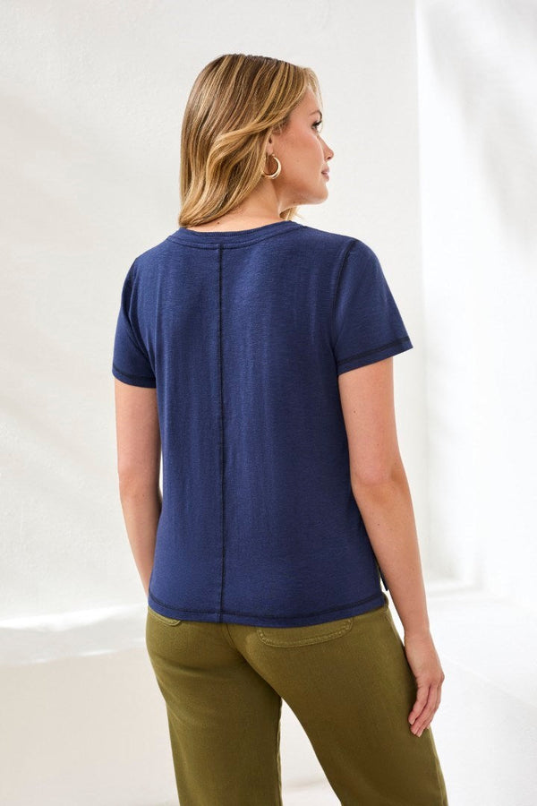 Slub Knit V-Neck Top w/ Double Trim Detail
