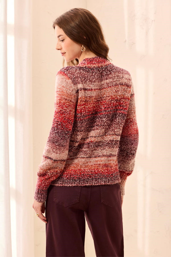 Space-Dye Textured Mock Neck Puff Sleeve Sweater