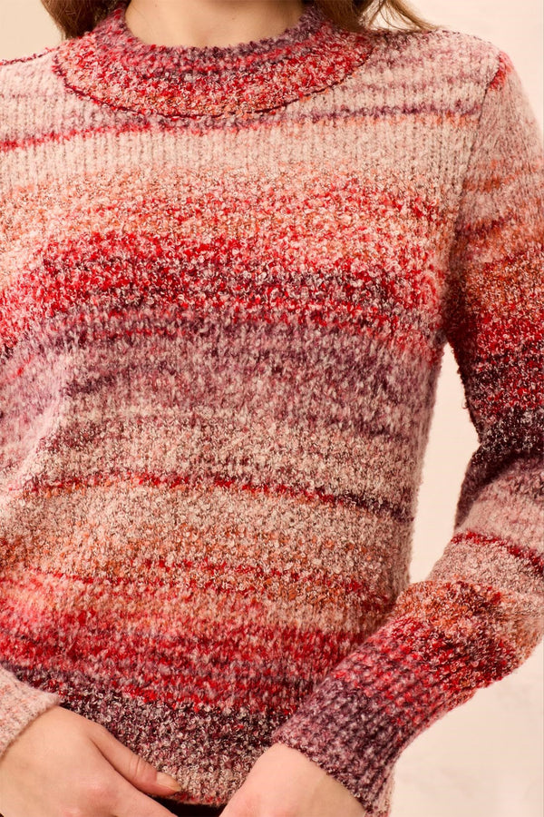 Space-Dye Textured Mock Neck Puff Sleeve Sweater