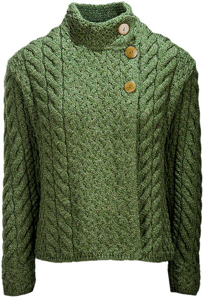 Louisburgh Ladies Cable Aran Cardigan - Meadow Green