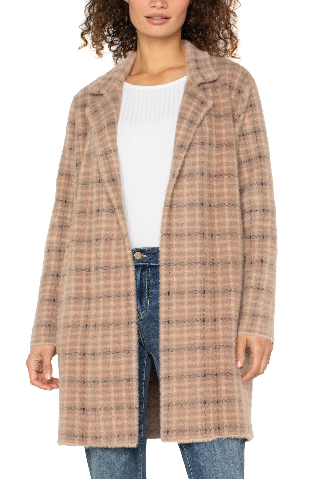 Open Front Coatigan Sweater - Camel & Cream Plaid