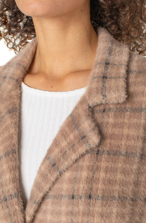 Open Front Coatigan Sweater - Camel & Cream Plaid