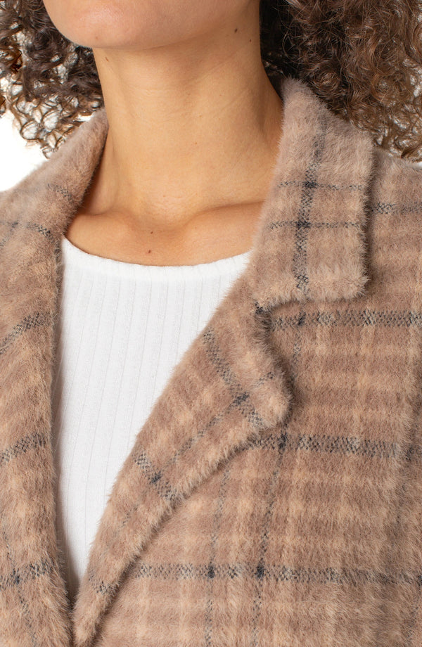 Open Front Coatigan Sweater - Camel & Cream Plaid