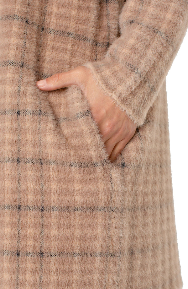 Open Front Coatigan Sweater - Camel & Cream Plaid