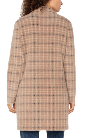 Open Front Coatigan Sweater - Camel & Cream Plaid