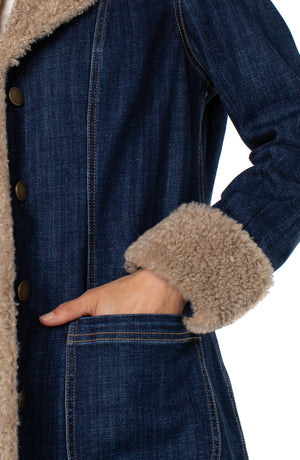 Sherpa Trimmed Notch Collar Denim Jacket