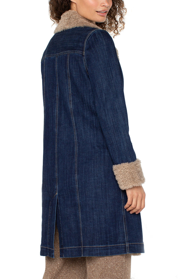 Sherpa Trimmed Notch Collar Denim Jacket