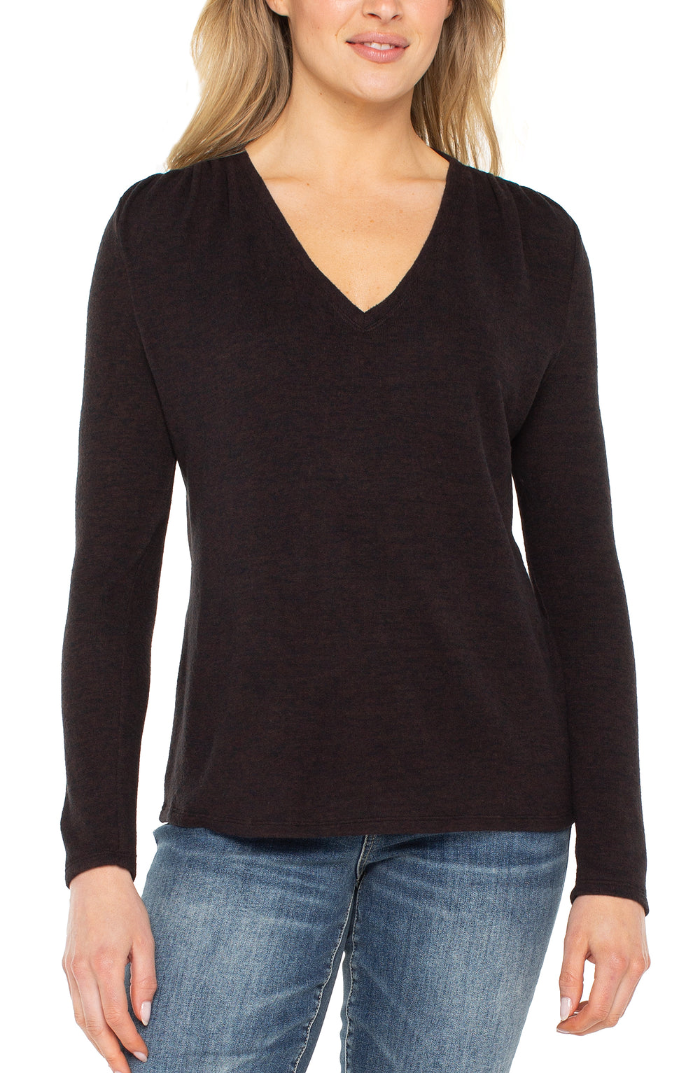 Long Sleeve V-Neck Knit Top w/ Shirring - Java Melange