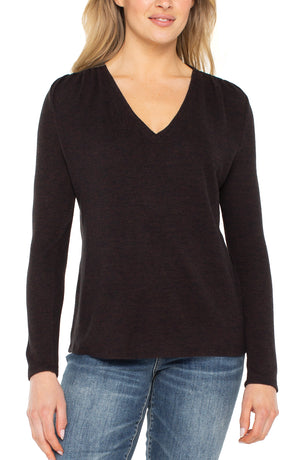Long Sleeve V-Neck Knit Top w/ Shirring - Java Melange