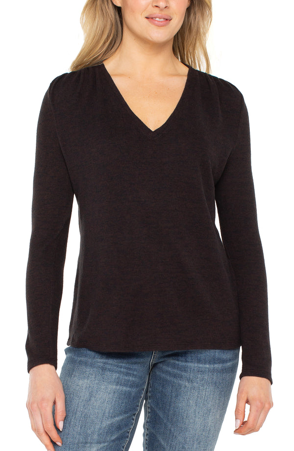 Long Sleeve V-Neck Knit Top w/ Shirring - Java Melange