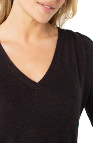 Long Sleeve V-Neck Knit Top w/ Shirring - Java Melange