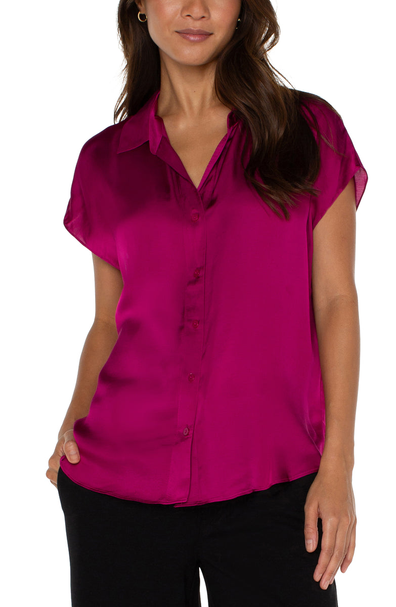 Dolman Sleeve Collared Button Front Blouse - Fuchsia Kiss