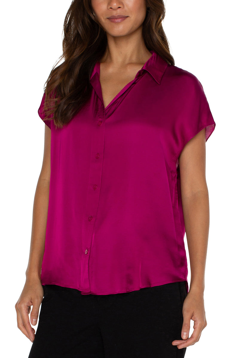 Dolman Sleeve Collared Button Front Blouse - Fuchsia Kiss