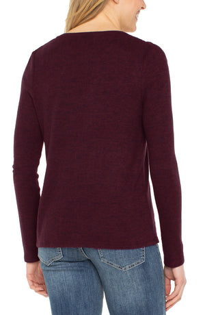 Long Sleeve V-Neck Knit Top w/ Shirring - Java Melange