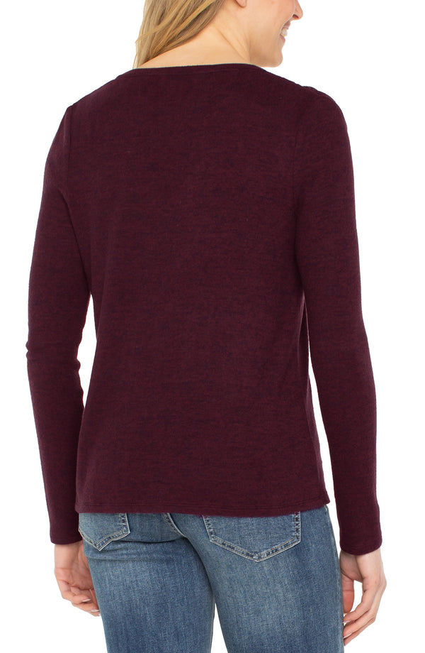 Long Sleeve V-Neck Knit Top w/ Shirring - Java Melange