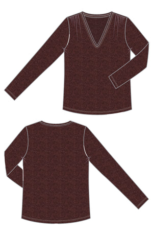Long Sleeve V-Neck Knit Top w/ Shirring - Java Melange