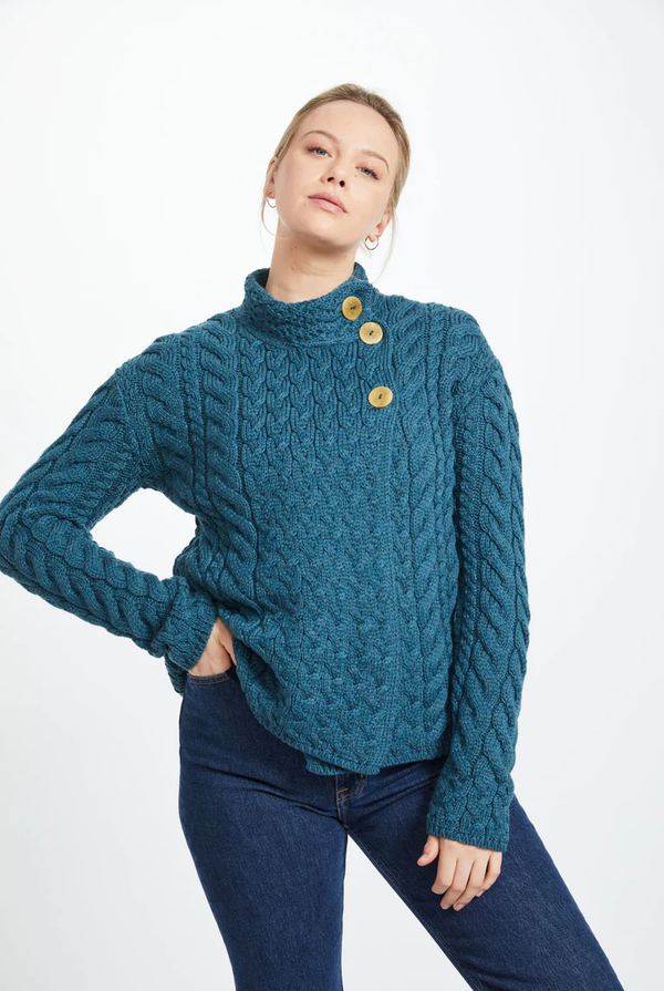 Louisburgh Ladies Cable Aran Cardigan - Irish Sea