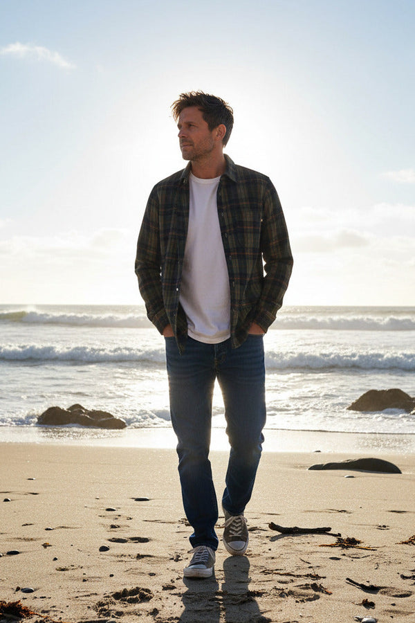 Heavyweight Wool Blend Plaid Flannel Shirt - Olive