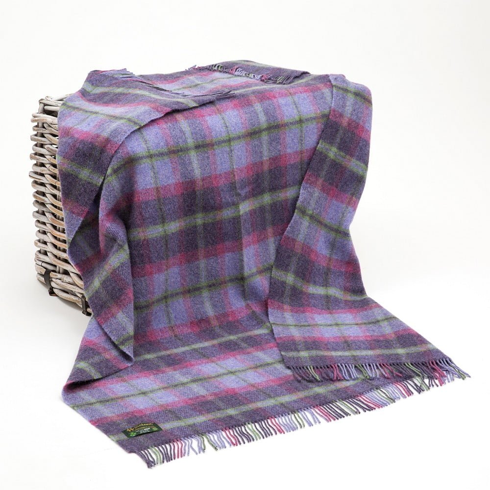 Large Irish Wool Blanket Purple Pink and Green Tartan