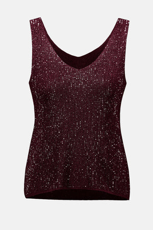 Metallic Knitted Camisole with Rhinestones - Merlot