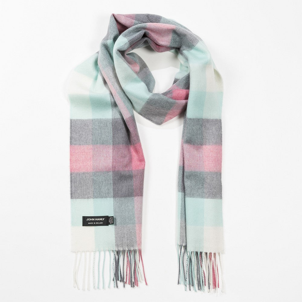 100% Merino Wool Scarf - Grey, Mint, Pink & Cream Block