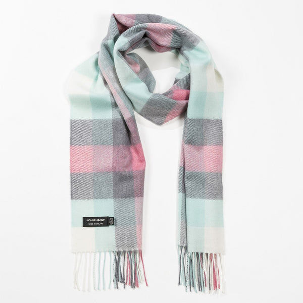 100% Merino Wool Scarf - Grey, Mint, Pink & Cream Block