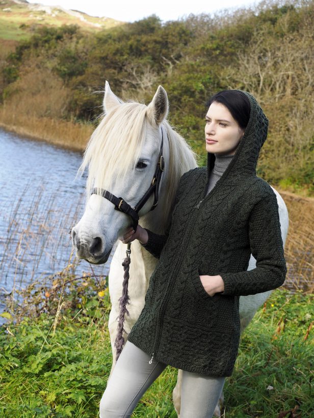 Galway Irish Cable Knit Hooded Coat - Green