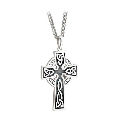 S44764 Sterling Silver Double Sided Silver & Stainless Steel Trinity Cross Pendant