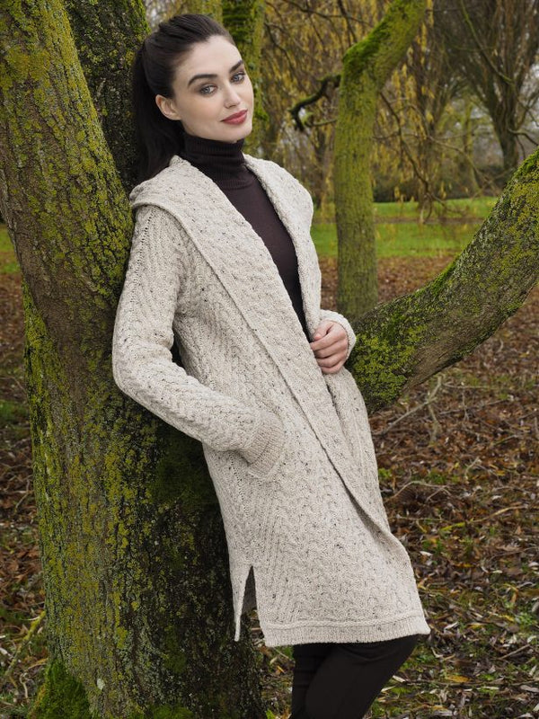 Mayo Shawl Open Cardigan w/ Hood - Oatmeal Fleck